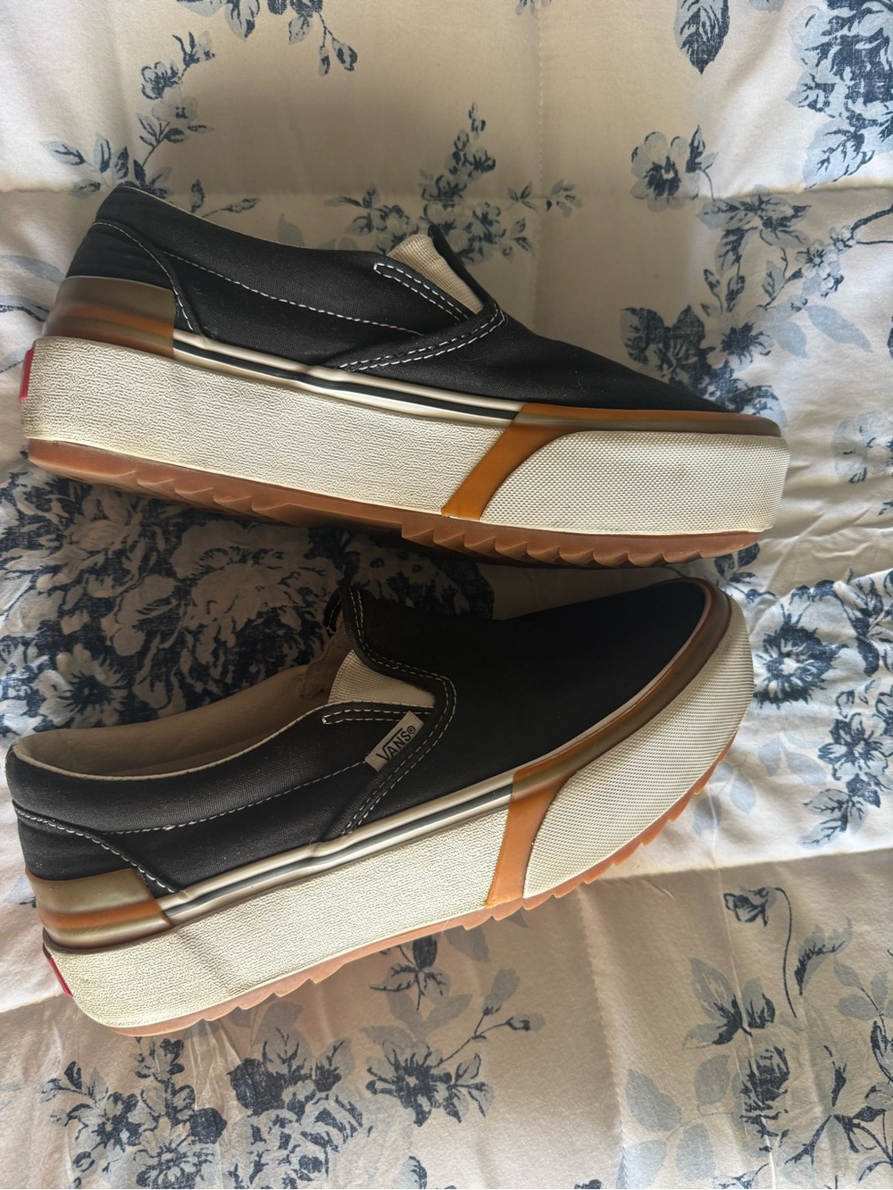 Vans Black and Tan Platform Slip-On Sneakers